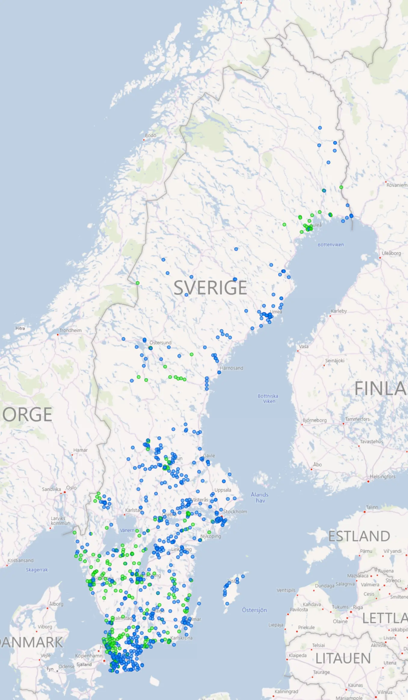Karta över Sverige med orter för rörelsesatsningar